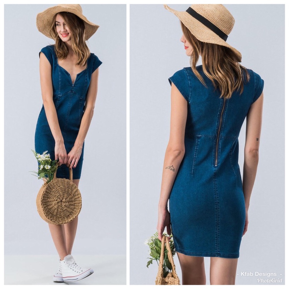 Blue Stretch Denim Dress-Sweetheart Neckline - Picture 4 of 8